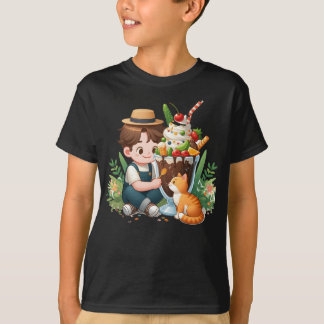 The delightful duo: a boy, his cat and a towering  T-Shirt