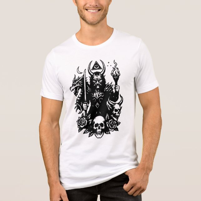 The demon holds fire and a sword. Tri-Blend shirt (Front)