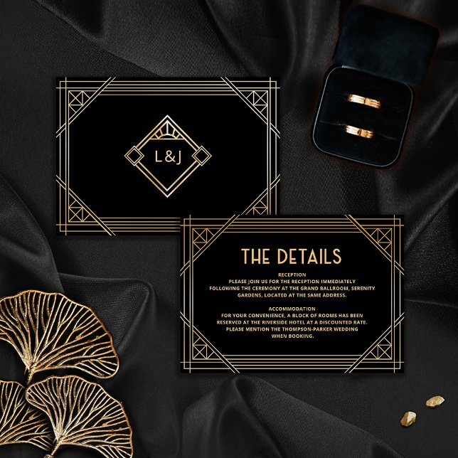 The Details Art Deco Wedding Black and Gold Card (Creator Uploaded)