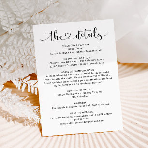 The Details Black Heart Script Wedding Information Enclosure Card
