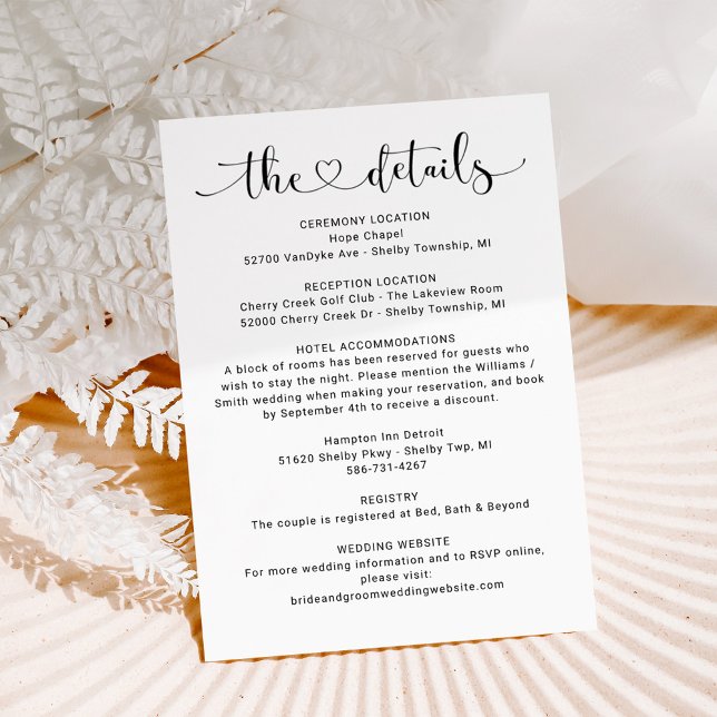 The Details Black Heart Script Wedding Information Enclosure Card (Creator Uploaded)