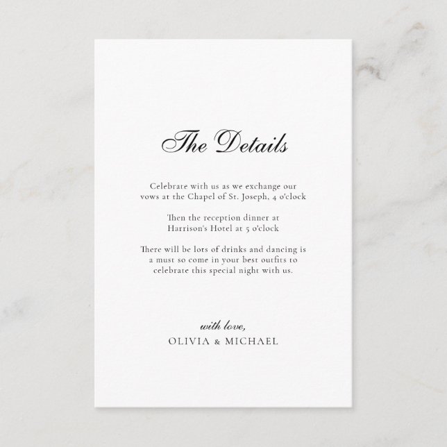 The Details Script Minimalist Wedding Enclosure Card (Front)