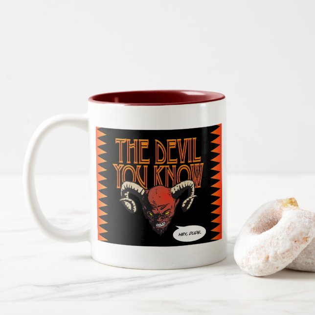 The Devil You Know Blk Gfx BG Two-Tone Coffee Mug (With Donut)