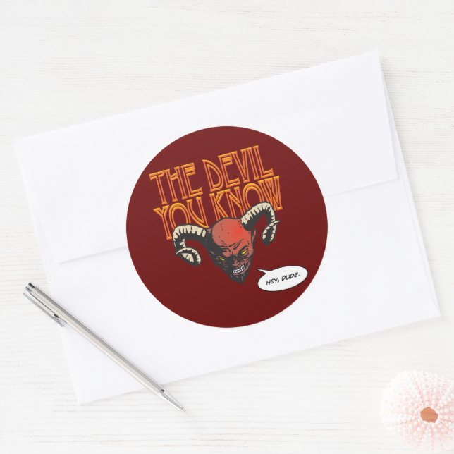 The Devil You Know Dk Red BG Classic Round Sticker (Envelope)