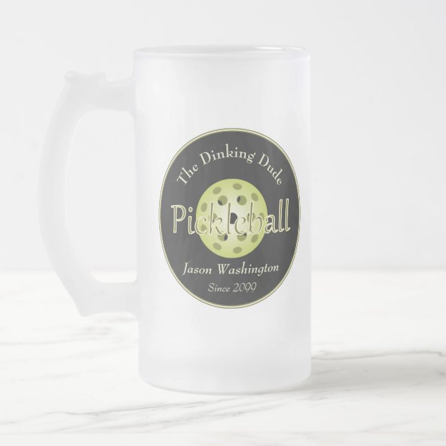 The Dinking Duo or Dude Pickleball Ball  Frosted Glass Beer Mug (Left)