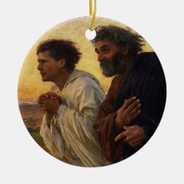 The Disciples Peter and John Running Ceramic Tree Decoration (Front)