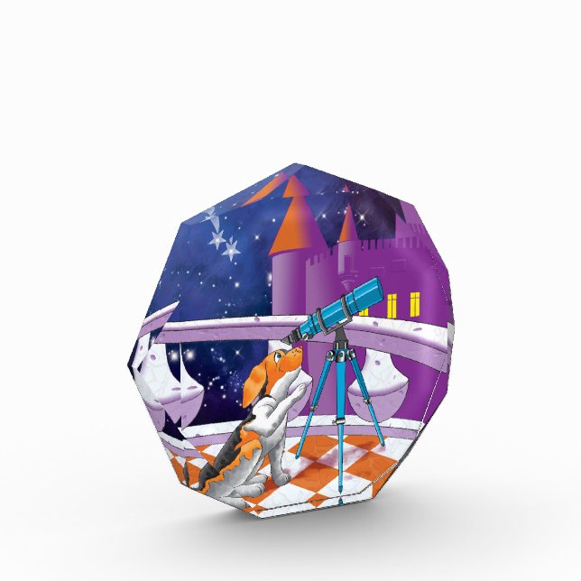 The dog looks through the telescope photo block (Left)