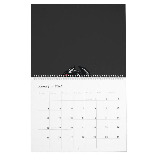 the dragon logo on a black background calendar (Jan 2026)