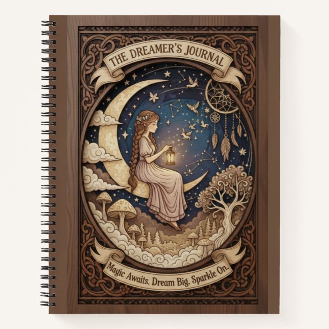 The Dreamer's Journal Crescent Moon Wood Carved  (Front)