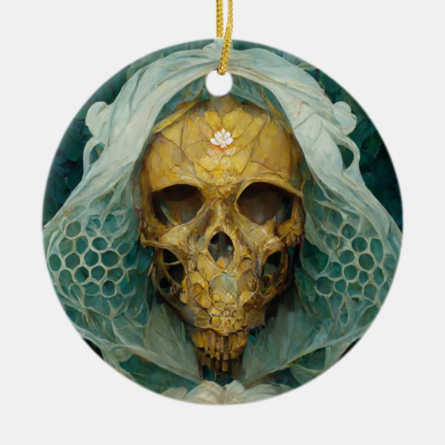 The Drone Bee Skull Fantasy Sci-Fi Ceramic Tree Decoration (Front)
