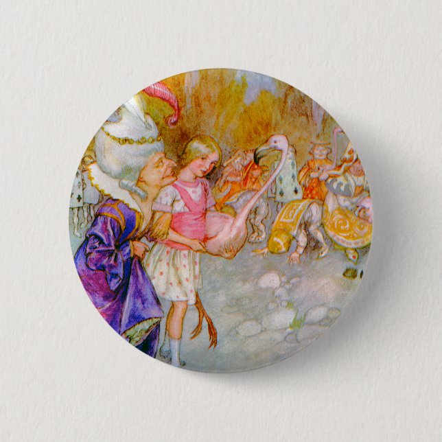 THE DUCHESS GIVES ALICE TIPS IN FLAMINGO CROQUET 6 CM ROUND BADGE (Front)