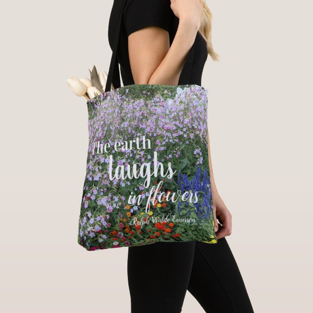 The Earth Laughs in Flowers Quote Floral Tote Bag (Close Up)