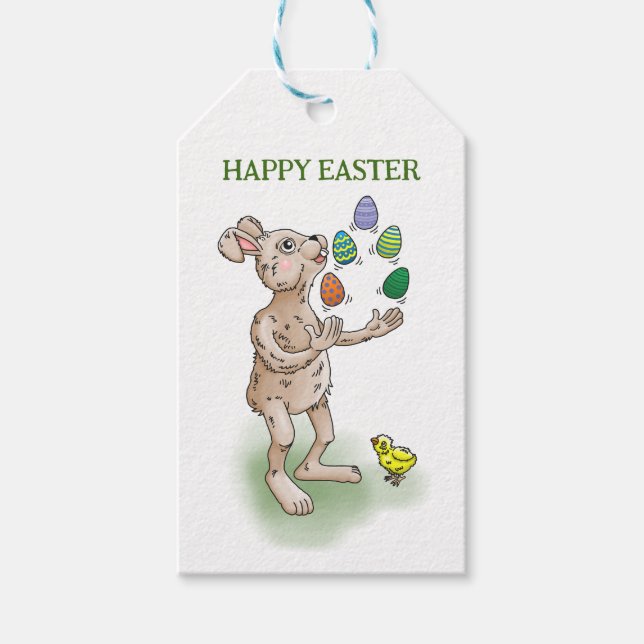 The Easter Bunny juggles with the Easter eggs Gift Tags (Front)