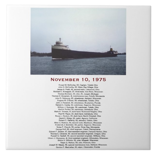 The Edmund Fitzgerald with Crew Names Tile (Front)