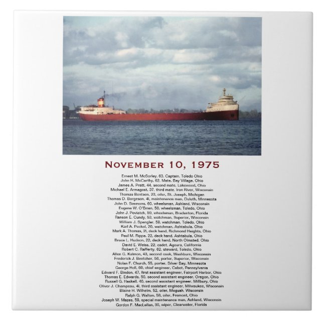 The Edmund Fitzgerald with Crew Names Tile (Front)
