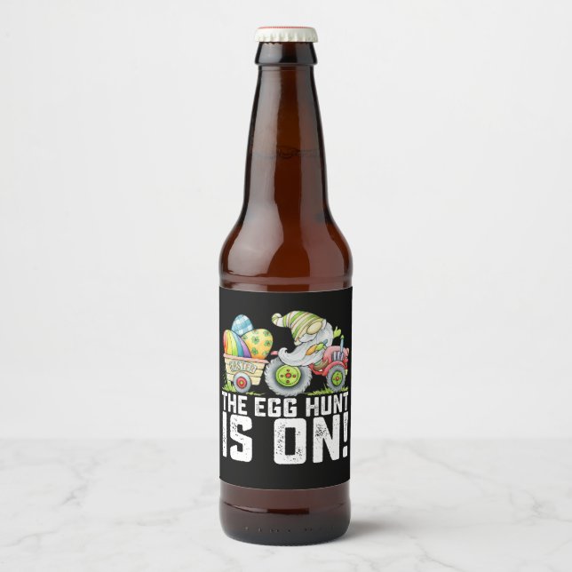 The Egg Hunt Is On Gnome Funny Easter Beer Bottle Label (Front)