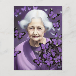 The elder woman and purple butterflies postcard