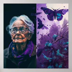 The Elderly Woman and Butterflies Postcard Poster