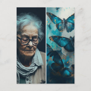 The Elderly Woman With Blue Butterflies Postcard