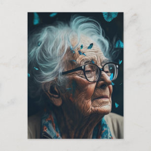The Elderly Woman With Blue Butterflies Postcard