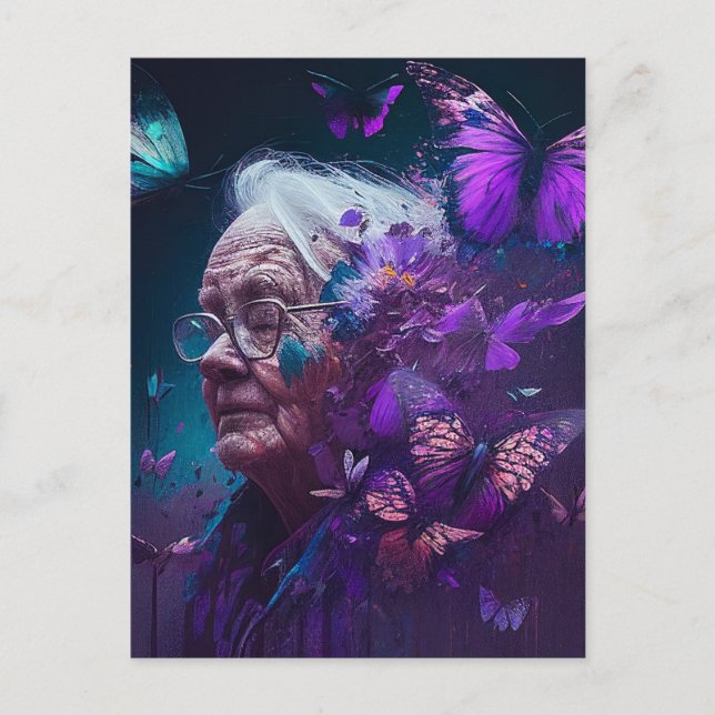 The Elderly Woman With Purple Butterflies Postcard (Front)