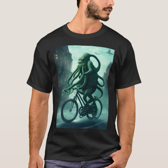 The Eldritch Cyclist: Cthulhu Rides a Bike T-Shirt (Front)