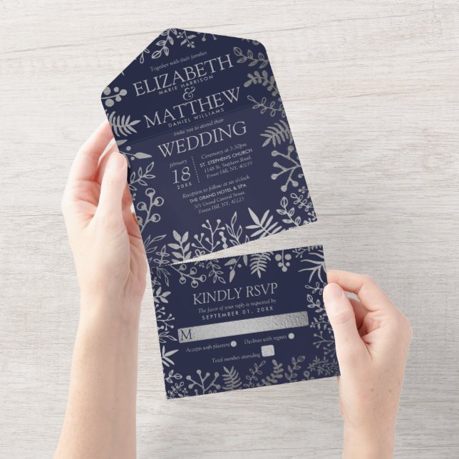 The Elegant Navy & Gold Floral Wedding Collection All In One Invitation (Tearaway)