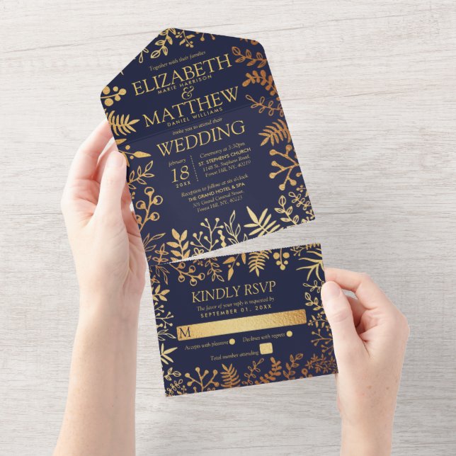 The Elegant Navy & Gold Floral Wedding Collection All In One Invitation (Tearaway)