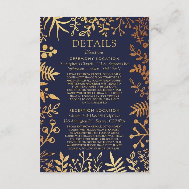 The Elegant Navy & Gold Floral Wedding Collection Enclosure Card (Front)