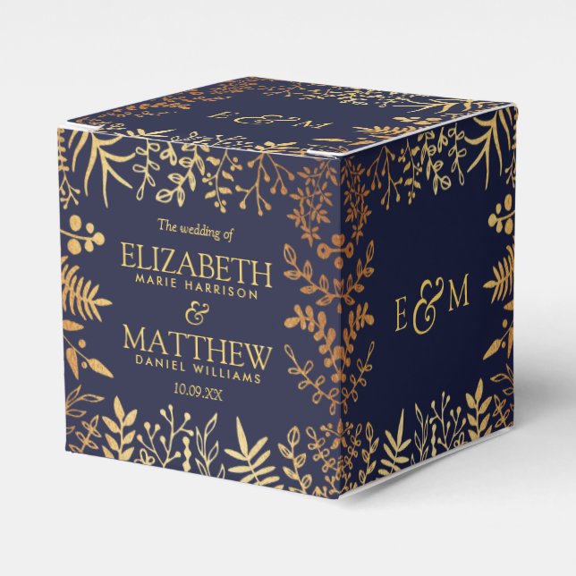 The Elegant Navy & Gold Floral Wedding Collection Favour Box (Front Side)