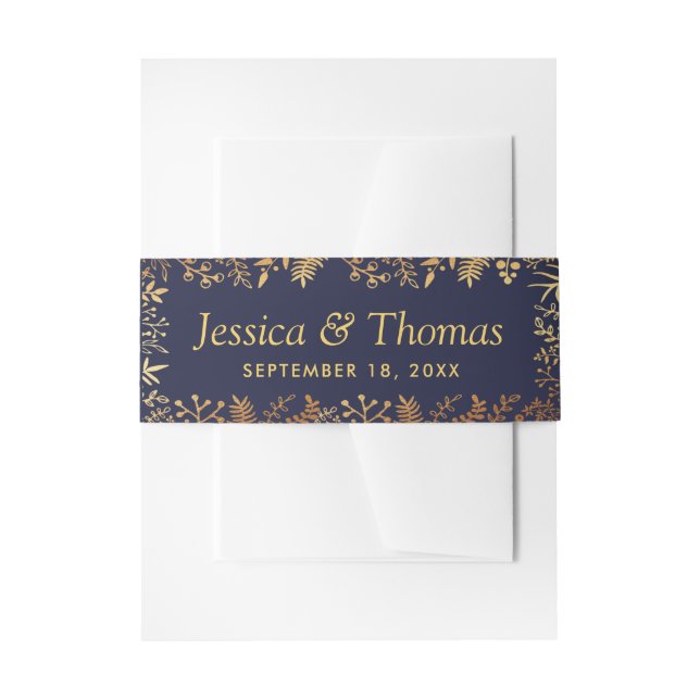 The Elegant Navy & Gold Floral Wedding Collection Invitation Belly Band (Front Example)