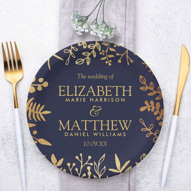 The Elegant Navy & Gold Floral Wedding Collection Paper Plate (Creator Uploaded)
