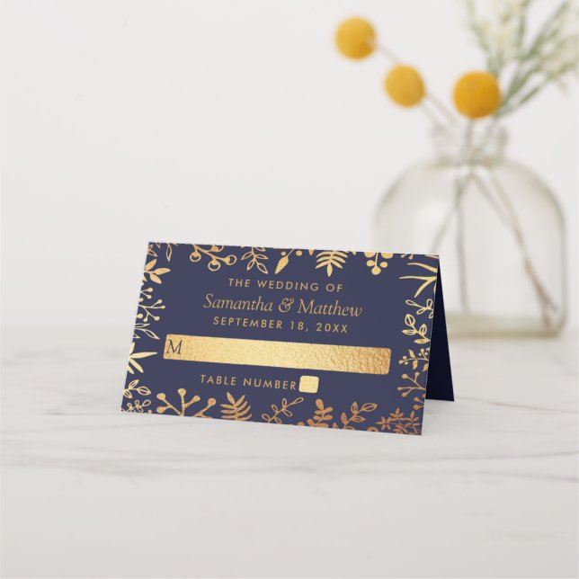 The Elegant Navy & Gold Floral Wedding Collection Place Card (Front)
