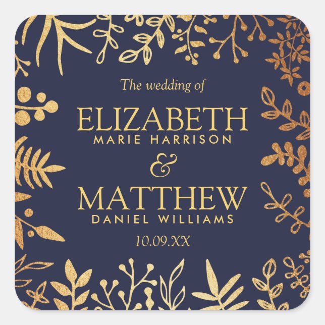 The Elegant Navy & Gold Floral Wedding Collection Square Sticker (Front)