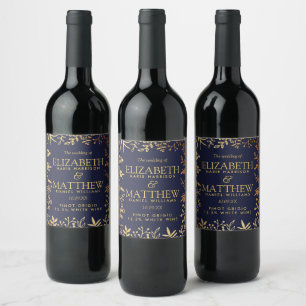 The Elegant Navy & Gold Floral Wedding Collection Wine Label