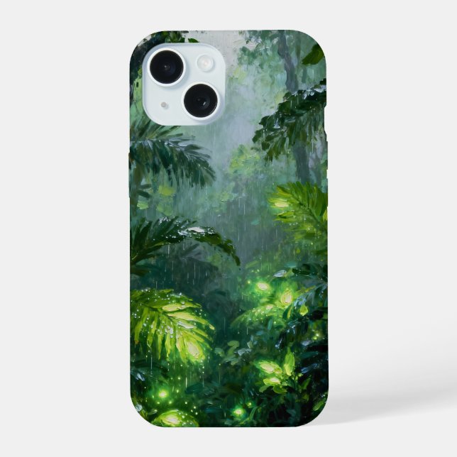 The Emerald Luminescence: A Whispering Rainfall  iPhone 15 Case (Back)