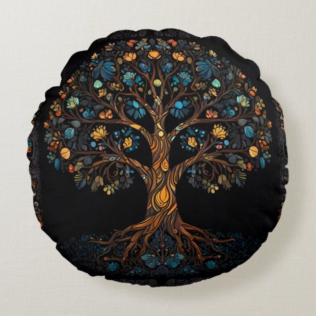 The Enchanted Mosaic Tree Round Cushion (Front)