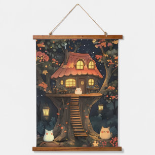 The Enchanted Treehouse of Glow Cats Hanging Tapestry