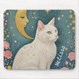The Enchanting White Cat with Green Eyes Mouse Mat