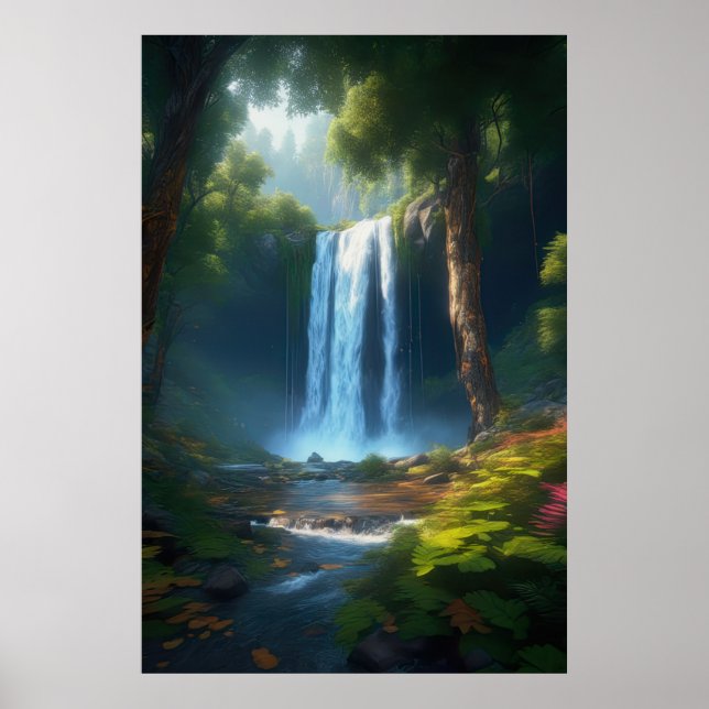 The Enchantment of a Beautiful Forest Waterfall Poster (Front)
