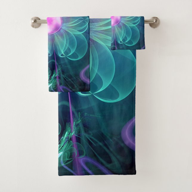 The Enigma Bloom, an Aqua-Violet Fractal Flower Bath Towel Set (Insitu)