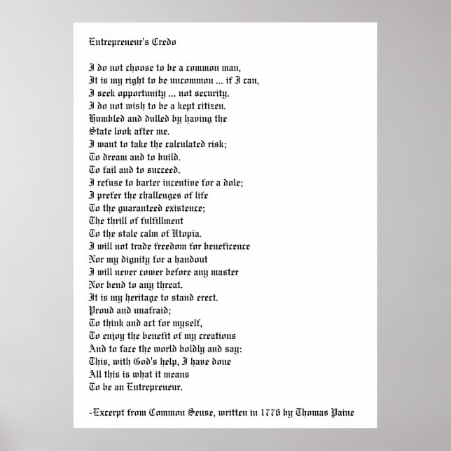 The Entrepreneur's Credo Poster (Front)