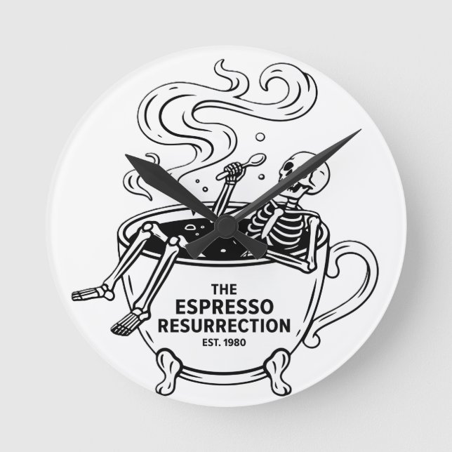 The Espresso Resurrection Funny Skeleton Coffee Round Clock (Front)