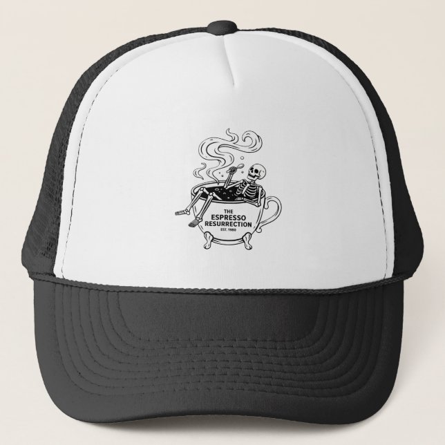 The Espresso Resurrection Funny Skeleton Coffee Trucker Hat (Front)