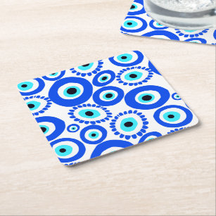 The Eye Symbol Blue and White Contemporary Pattern Square Paper Coaster