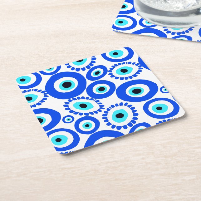 The Eye Symbol Blue and White Contemporary Pattern Square Paper Coaster (Angled)