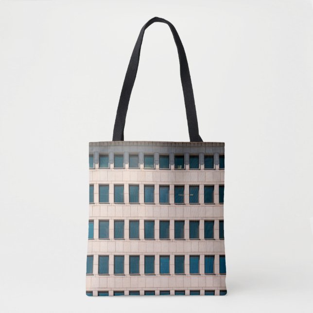 The facade of the modern building with rectangular tote bag (Front)