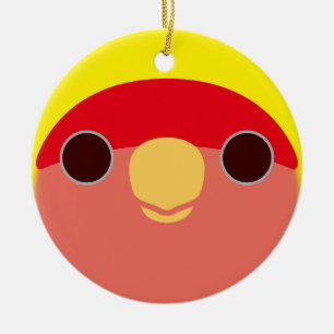 The face of a lutino peach-faced lovebird ceramic tree decoration