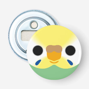 The face of a pastel rainbow female budgie (green) bottle opener