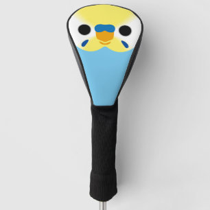 The face of a pastel rainbow male budgie golf head cover